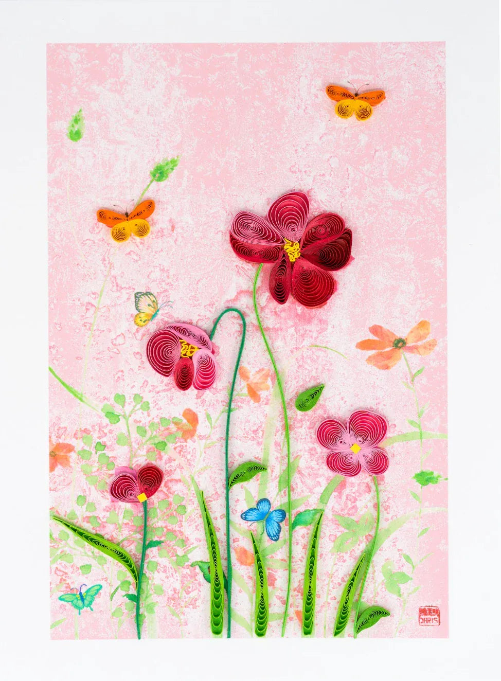Niquea.D Cards Quilled Pink Flowers Butterfly Blank Card