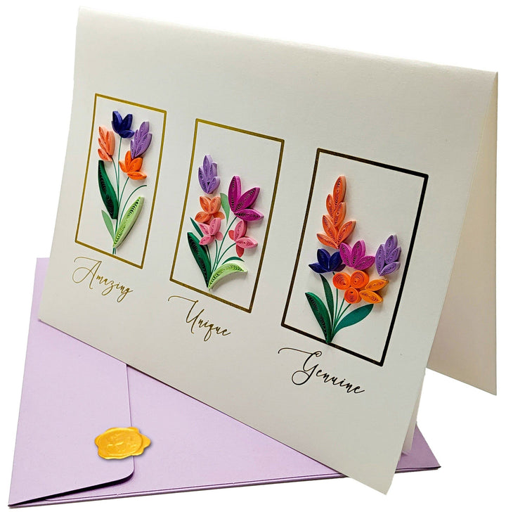 Niquea.D Cards Quilled Three Flowers Bouquet Birthday Card