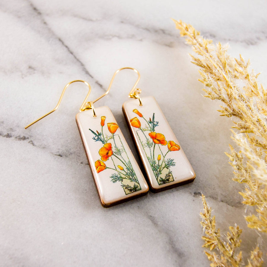 No Man's Land Artifacts Earrings Art Deco California Poppy Floral Tapered Rectangle Earrings