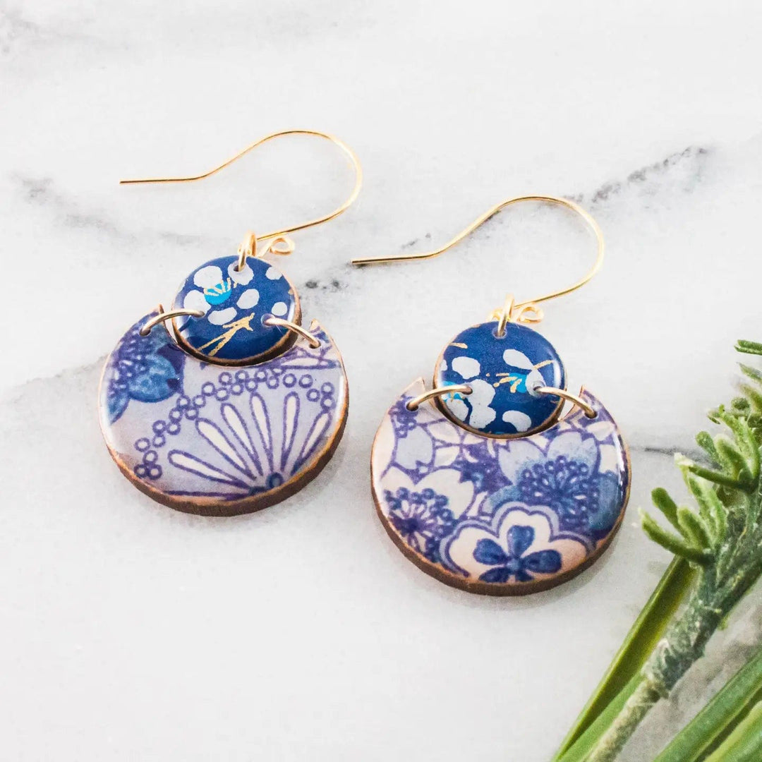 No Man's Land Artifacts Earrings Blue + White Floral Double Circle Earrings