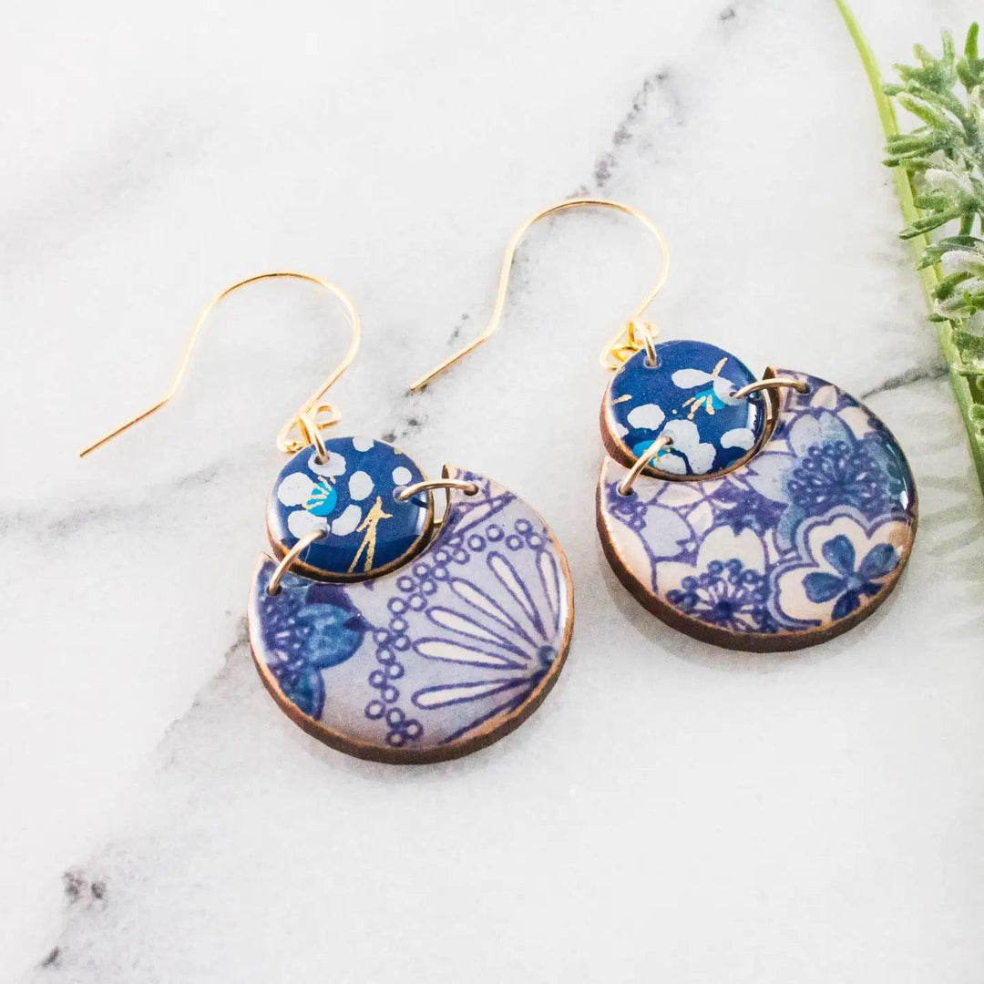 No Man's Land Artifacts Earrings Blue + White Floral Double Circle Earrings