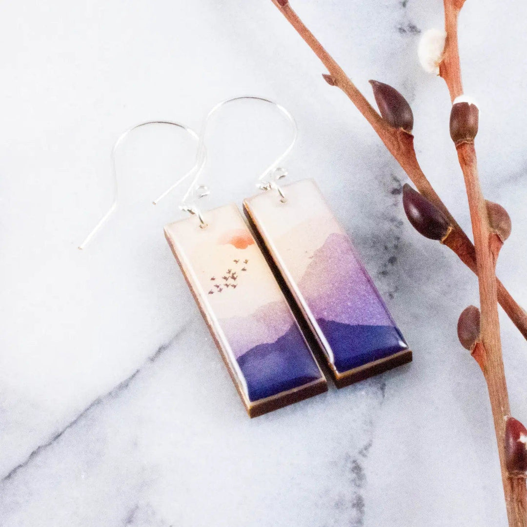 No Man's Land Artifacts Earrings Serene Mountain Sunrise Rectangle Earrings