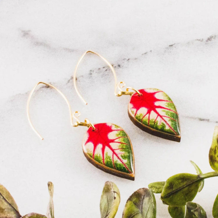 No Man's Land Artifacts Earrings Small Caladium Tropical Leaf Earrings