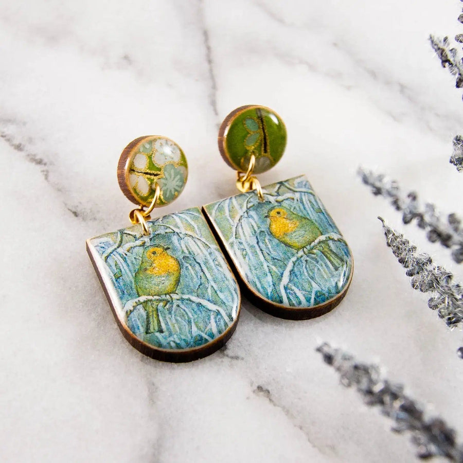 No Man's Land Artifacts Earrings Watercolor Aqua + Yellow Bird Drop Post Earrings