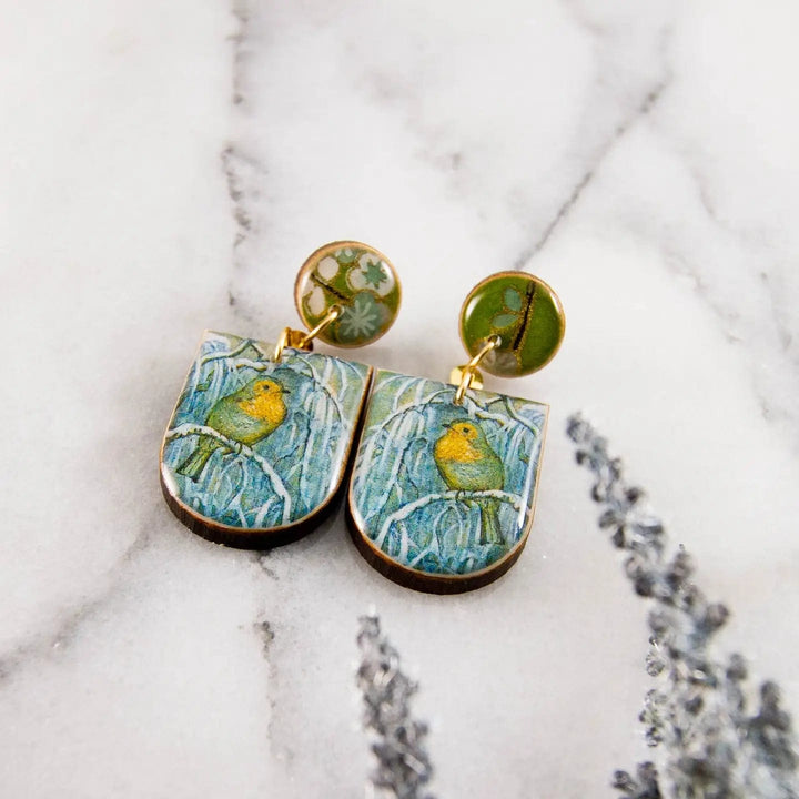 No Man's Land Artifacts Earrings Watercolor Aqua + Yellow Bird Drop Post Earrings