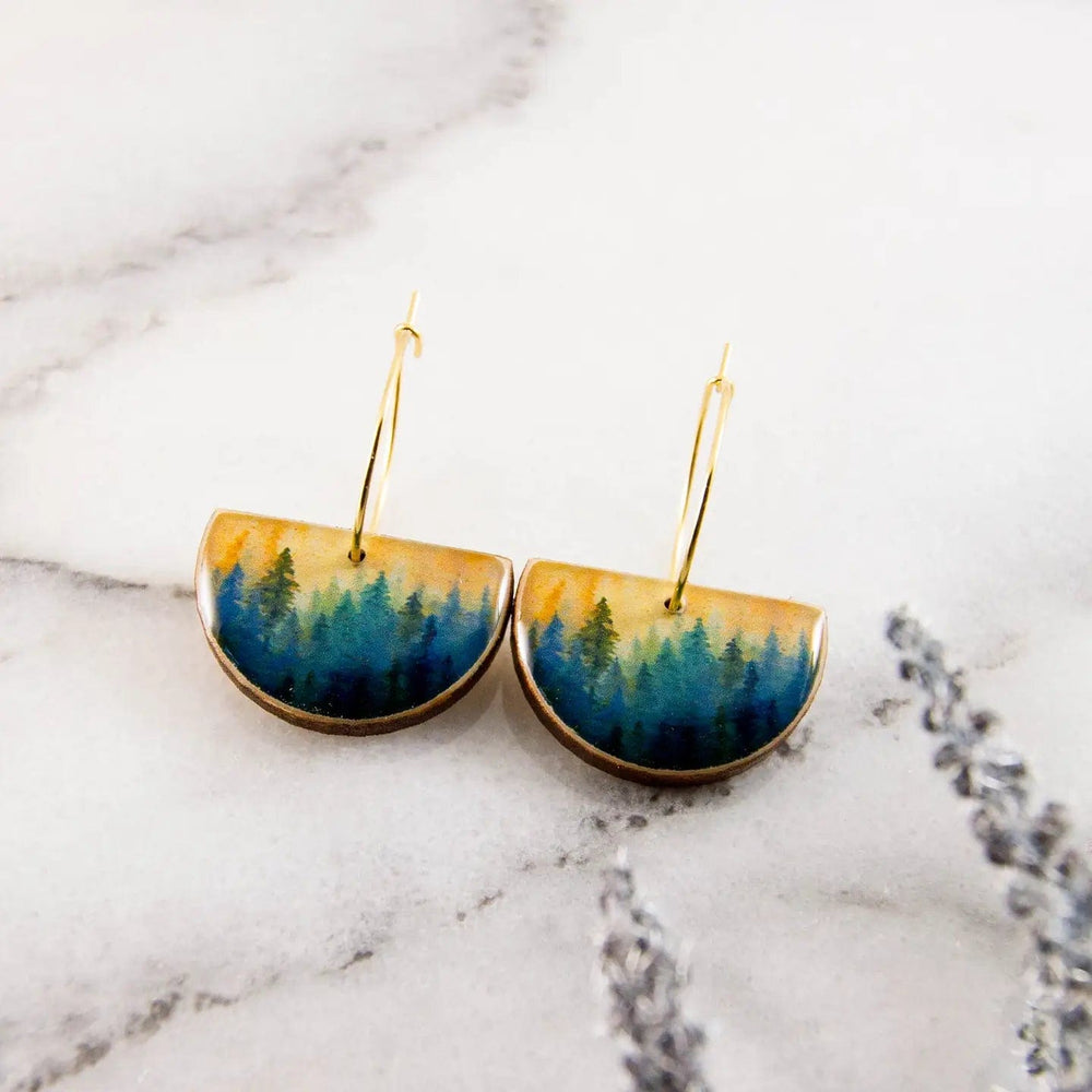 No Man's Land Artifacts Earrings Watercolor Forest Drop Hoop Earrings