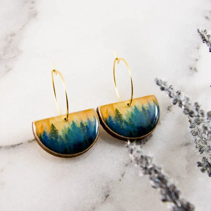 No Man's Land Artifacts Earrings Watercolor Forest Drop Hoop Earrings