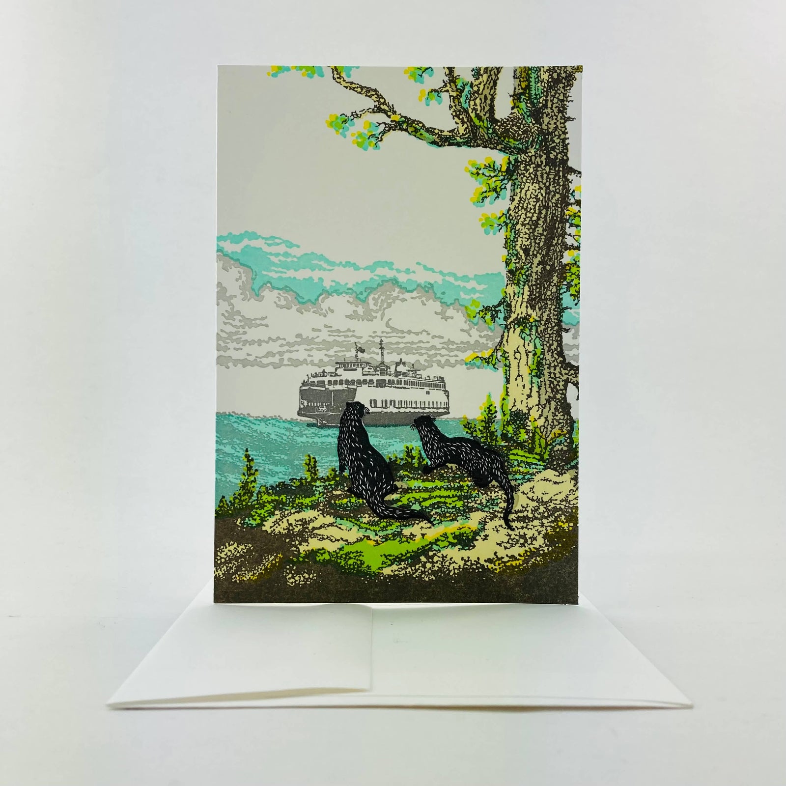 Old School Stationers Card Otters and Washington State Ferry San Juan Islands