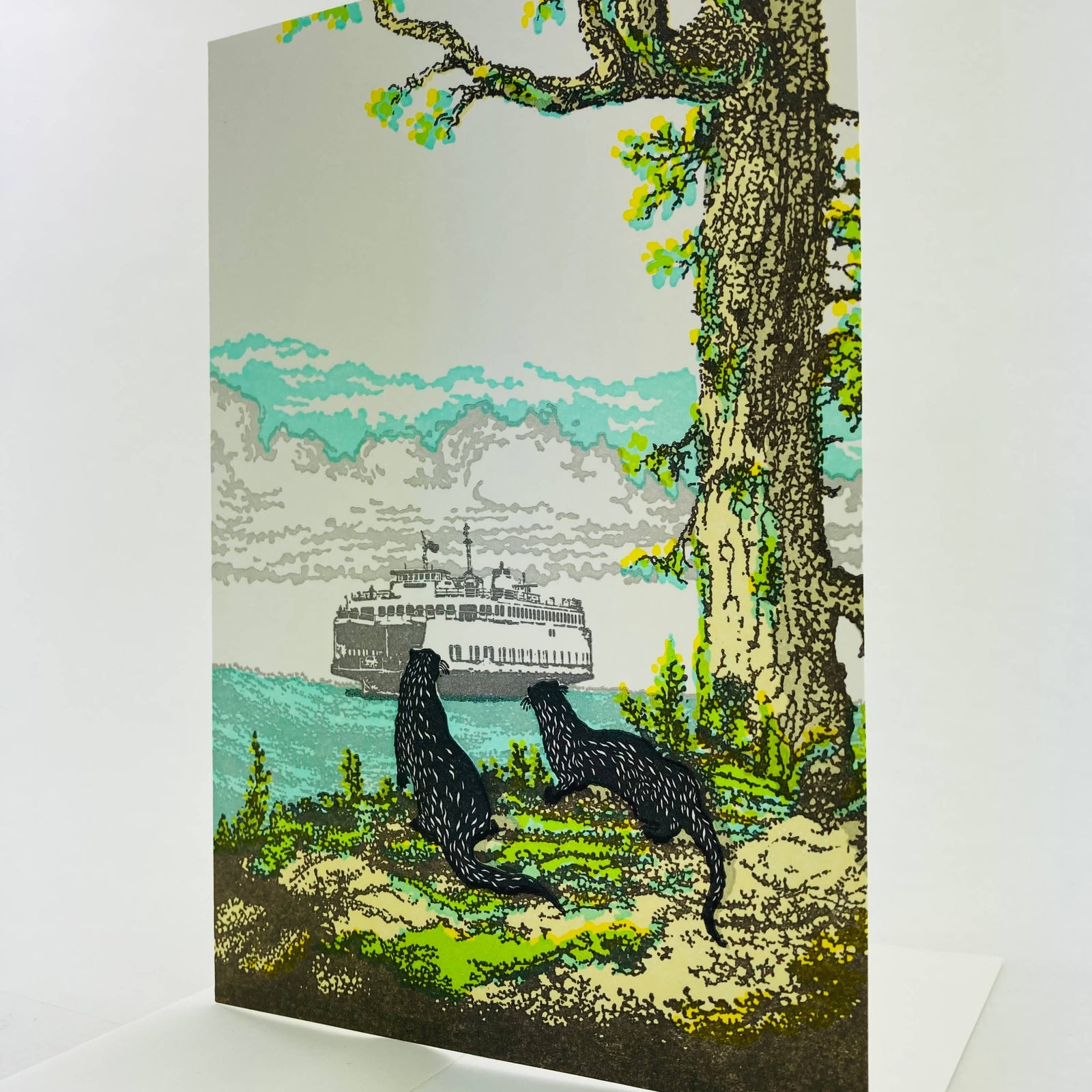 Old School Stationers Card Otters and Washington State Ferry San Juan Islands