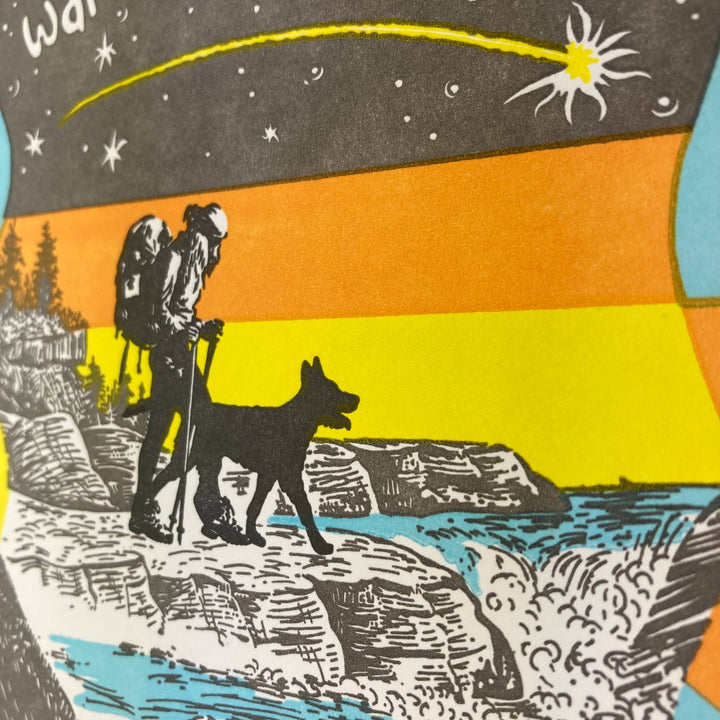 Old School Stationers Cards Happy birthday. Woman & dog backpacking.