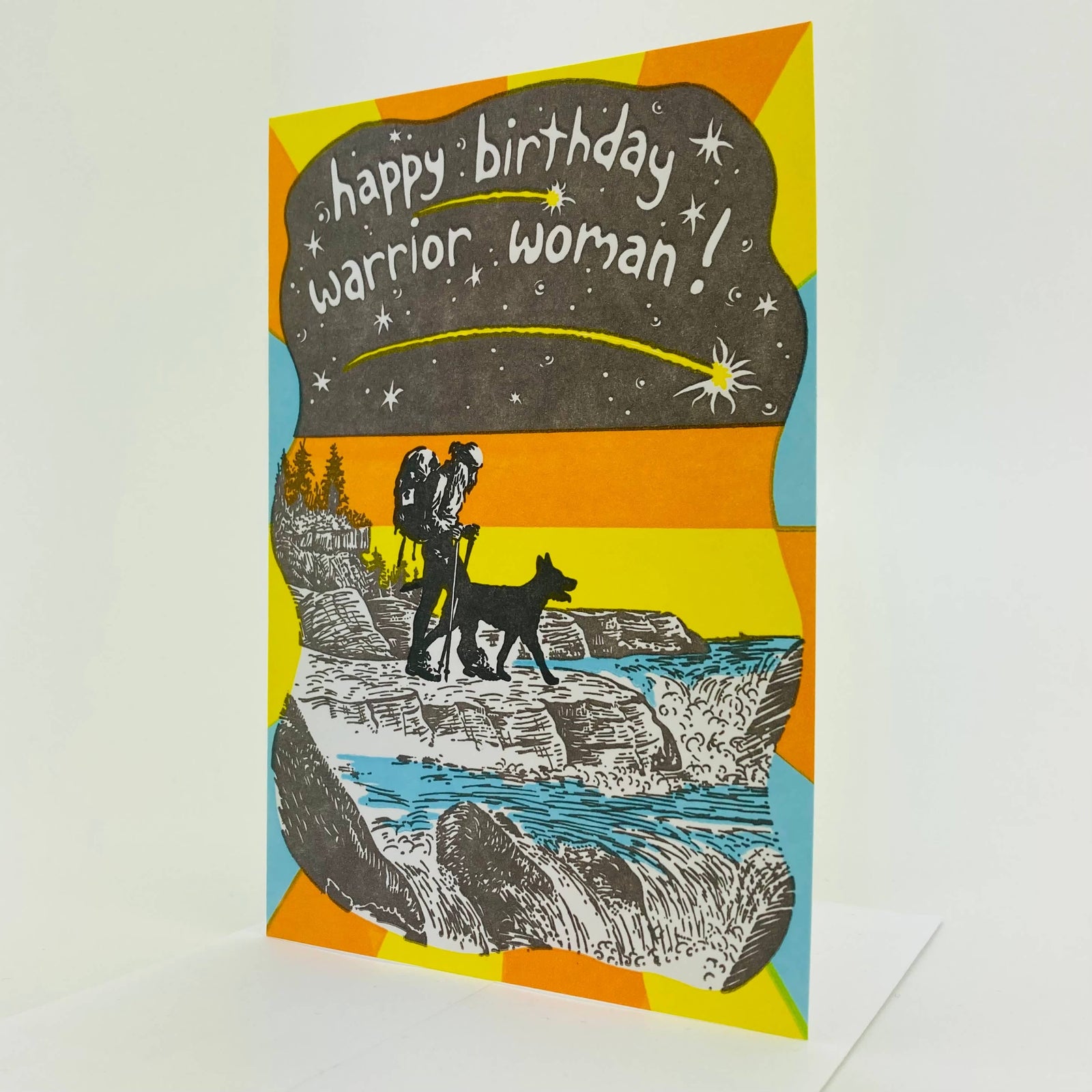 Old School Stationers Cards Happy birthday. Woman & dog backpacking.