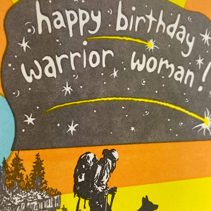 Old School Stationers Cards Happy birthday. Woman & dog backpacking.