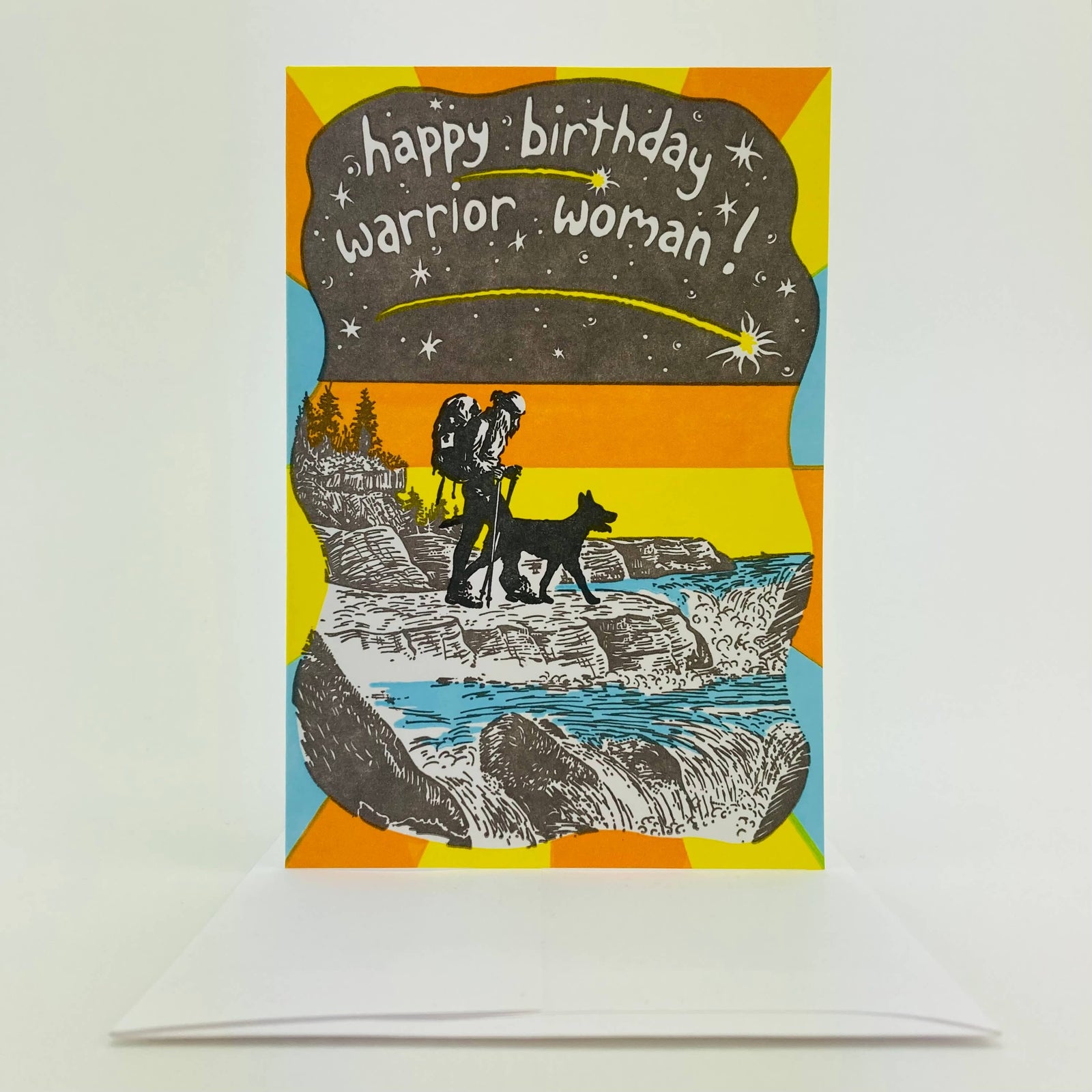 Old School Stationers Cards Happy birthday. Woman & dog backpacking.