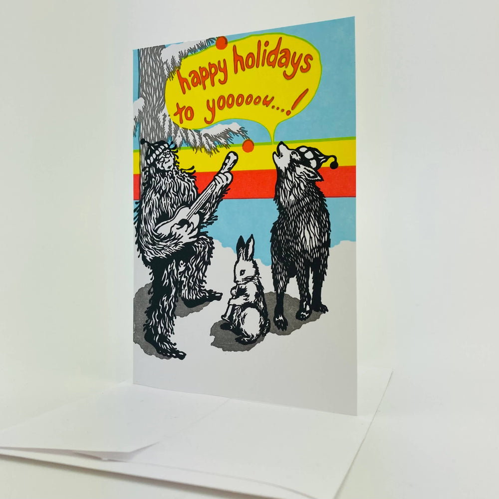 Old School Stationers Cards Happy Holidays to yooooou! Sasquatch & forest friends single card