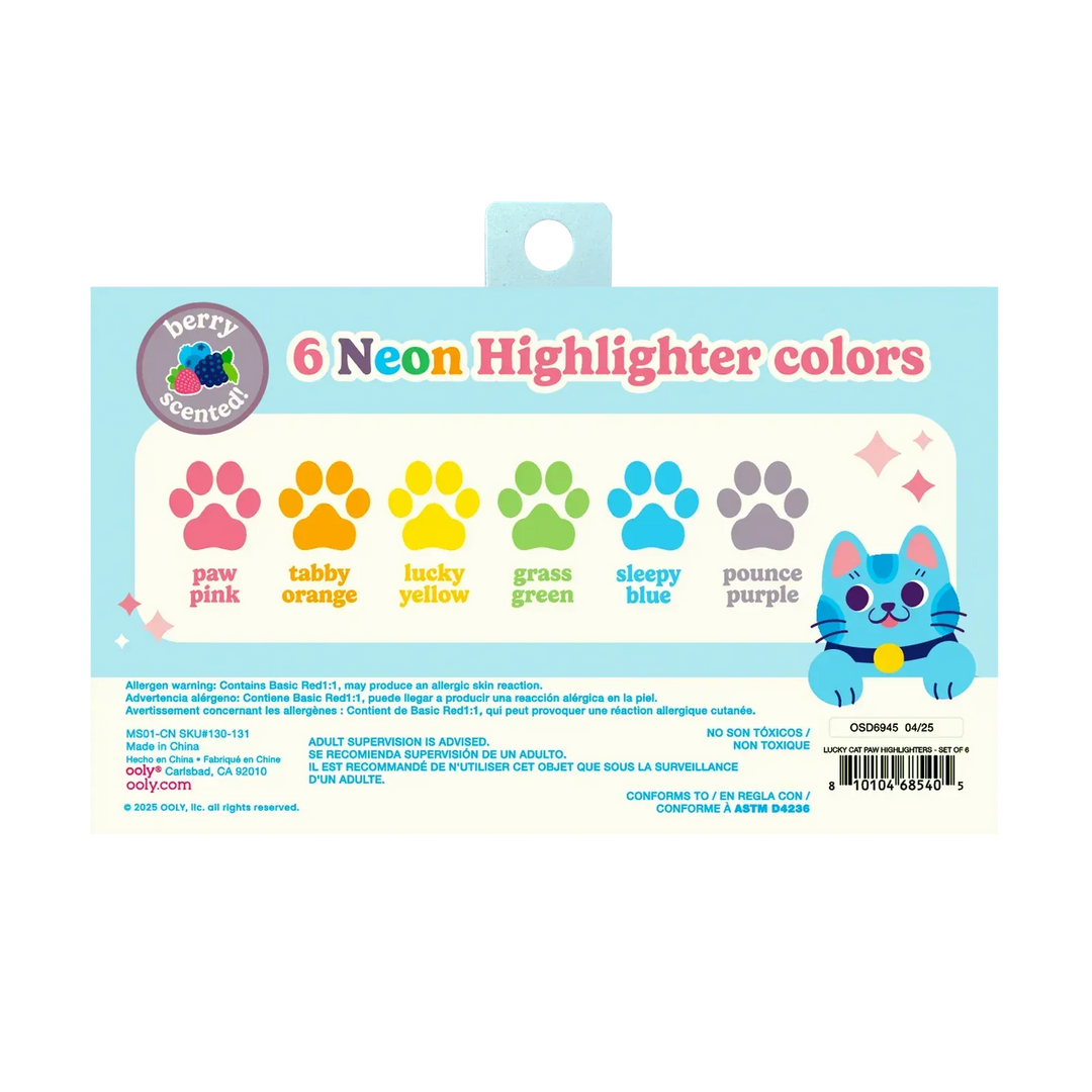 OOLY Lucky Cat Paw Scented Neon Highlighters - Set of 6 | OOLY