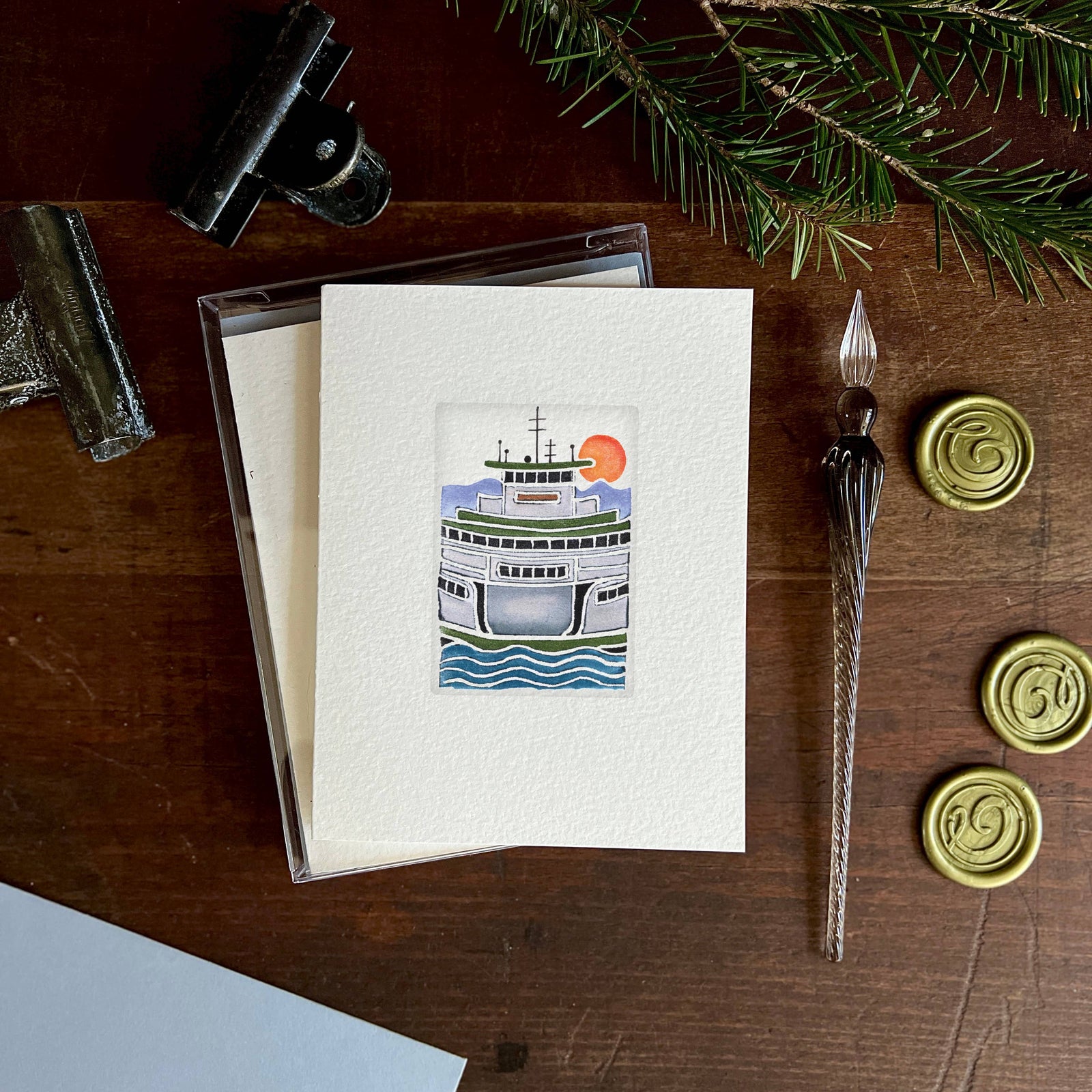 Originals Paper Art Cards CARVED WA State Ferry | Blank Note Cards | Box of 6