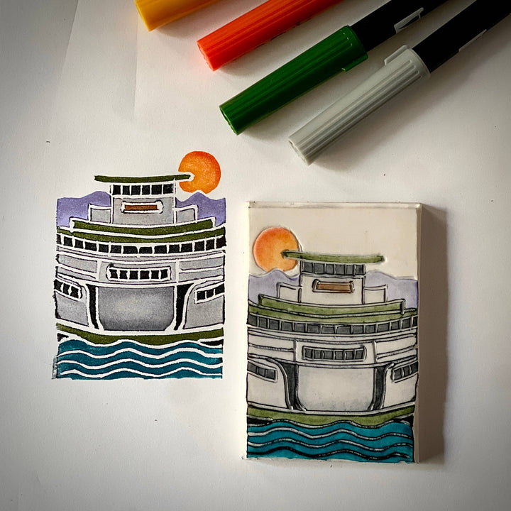 Originals Paper Art Cards CARVED WA State Ferry | Blank Note Cards | Box of 6