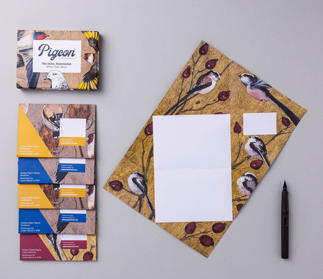 Pigeon Cards Golden Flight Pigeon, Folding Letter Set – Pack of 6 Letters