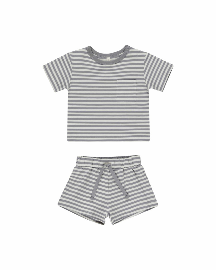 Quincy Mae 2-Piece Clothing Set Pocket Tee + Short Set - Blue Stripe