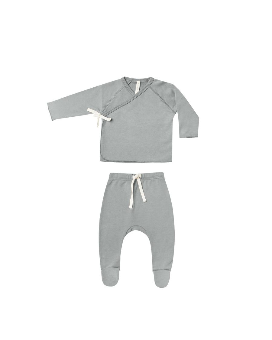 Quincy Mae 2-Piece Clothing Set Wrap Top & Footed Pant Set - Dusty Blue