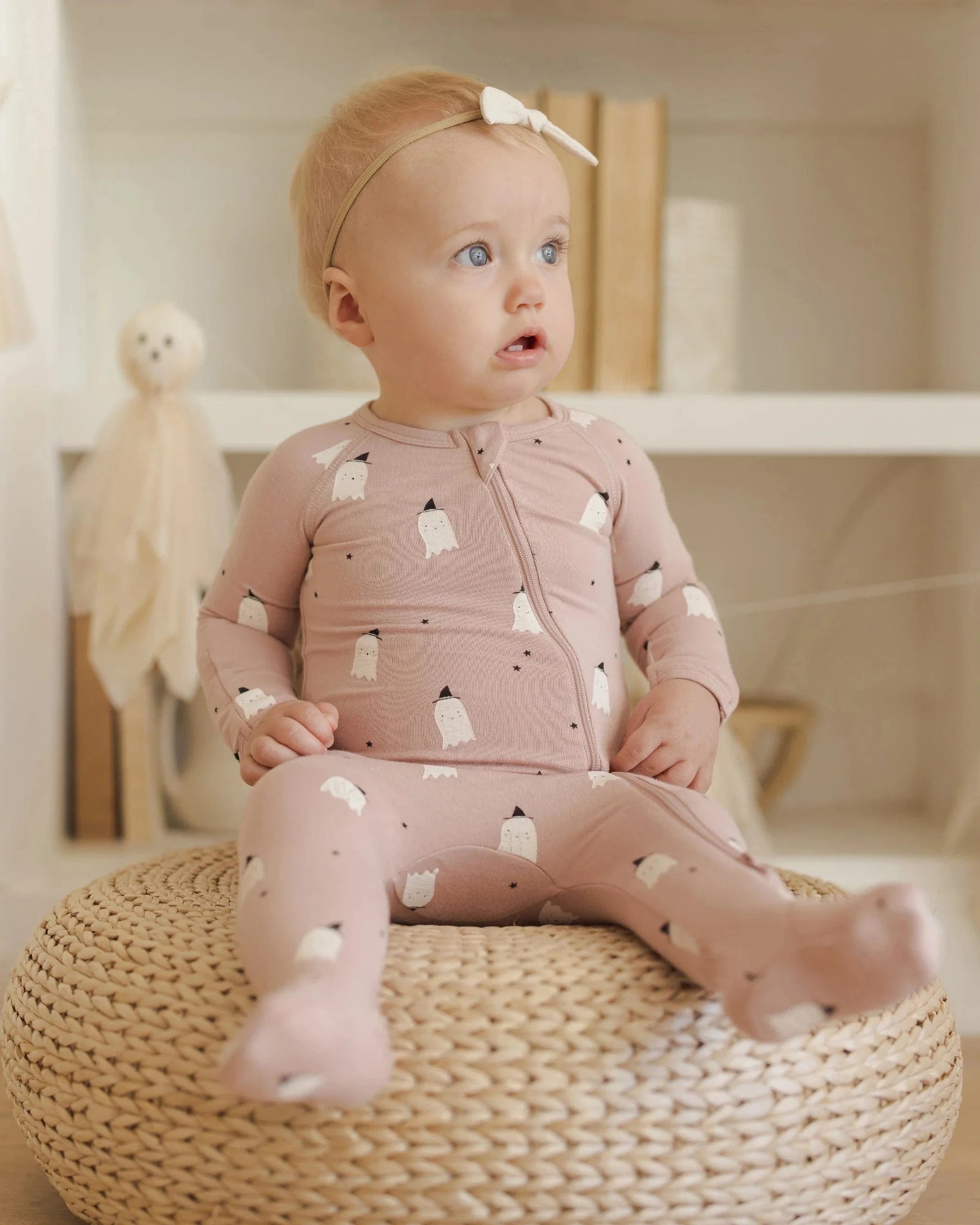 Quincy Mae Baby Bamboo Zip Footie - Pink Ghosts
