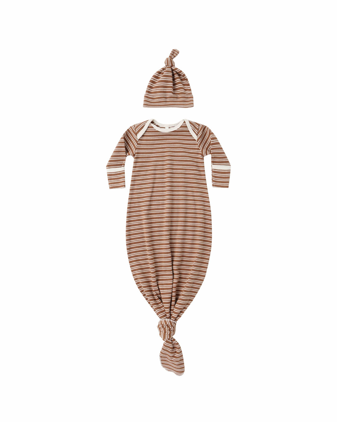 Quincy Mae Baby One Size Knotted Baby Gown + Hat Set - Cedar Micro Stripe