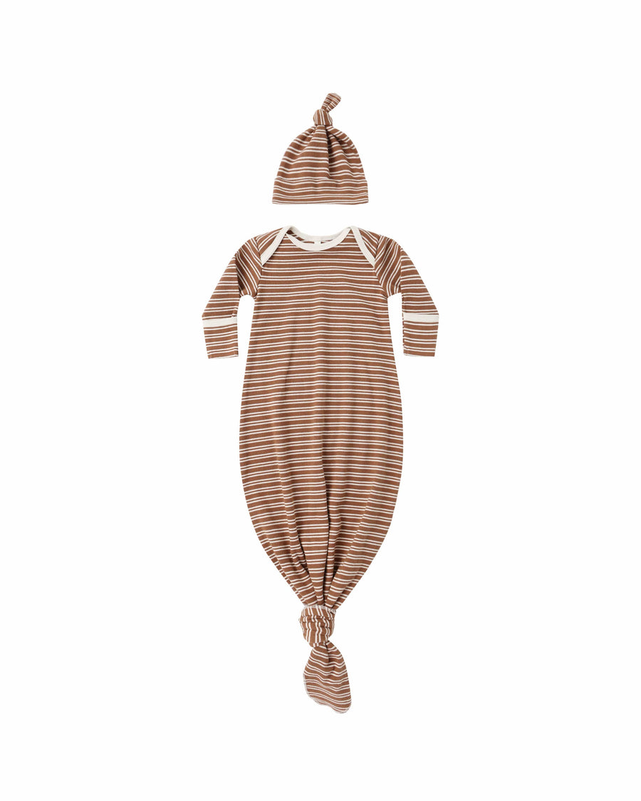 Quincy Mae Baby One Size Knotted Baby Gown + Hat Set - Cedar Micro Stripe