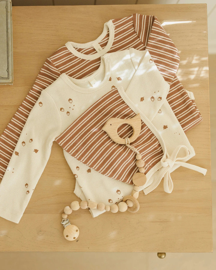 Quincy Mae Baby Ribbed Bodysuit, 2 Pack - Cedar Micro Stripe, Acorns