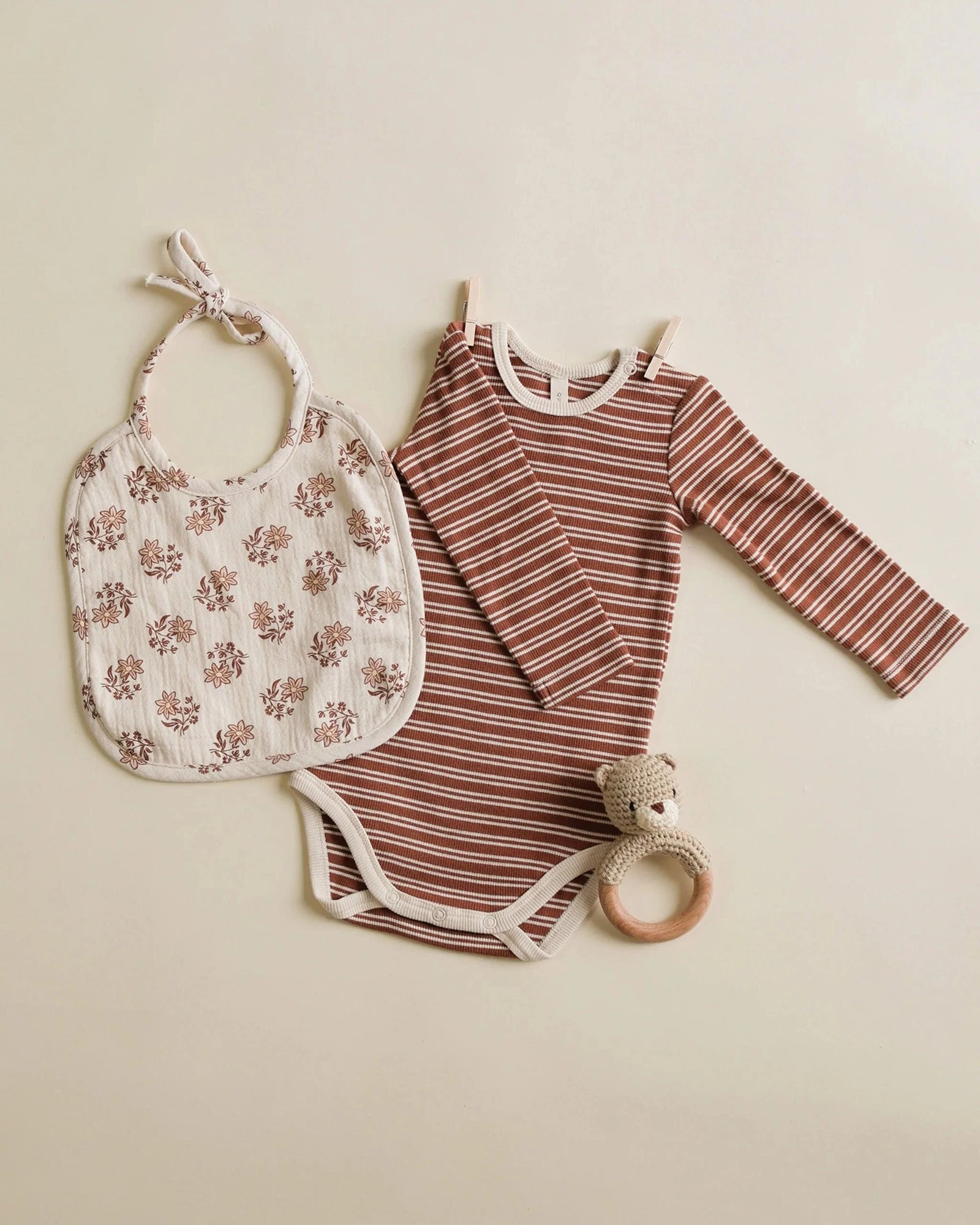 Quincy Mae Baby Ribbed Bodysuit, 2 Pack - Cedar Micro Stripe, Acorns