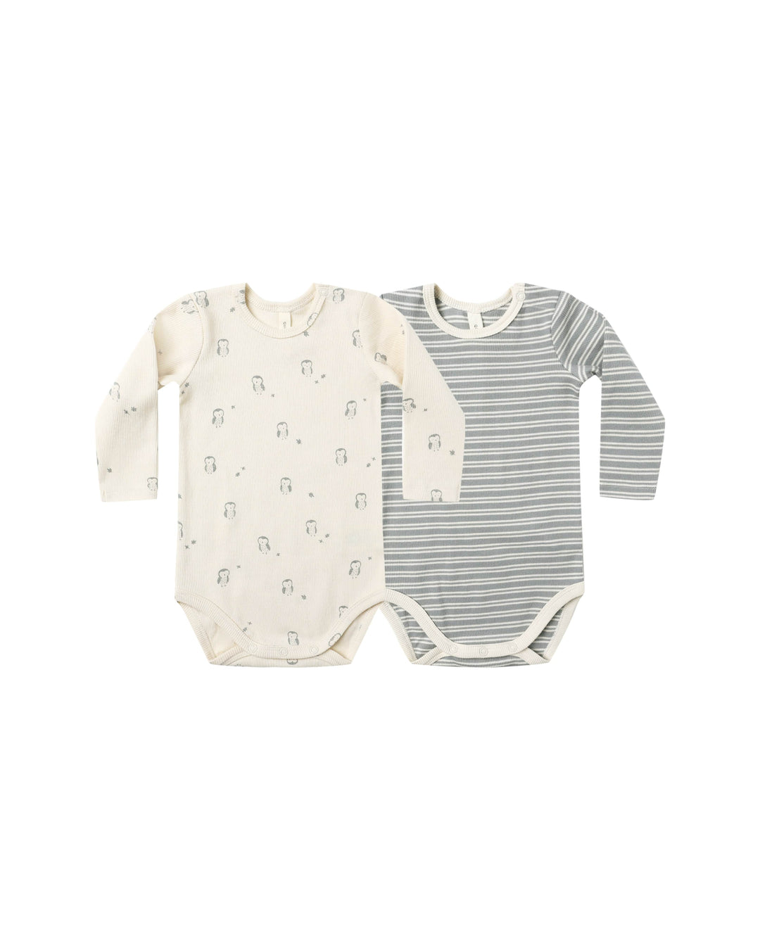 Quincy Mae Baby Ribbed Bodysuit, 2 Pack - Steel Blue Micro Stripe, Owls