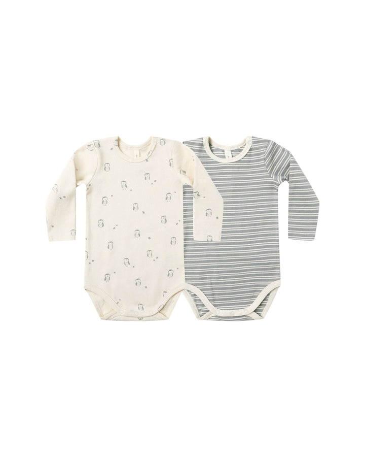 Quincy Mae Baby Ribbed Bodysuit, 2 Pack - Steel Blue Micro Stripe, Owls