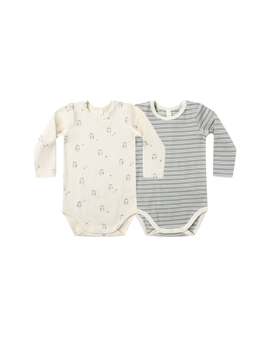 Quincy Mae Baby Ribbed Bodysuit, 2 Pack - Steel Blue Micro Stripe, Owls