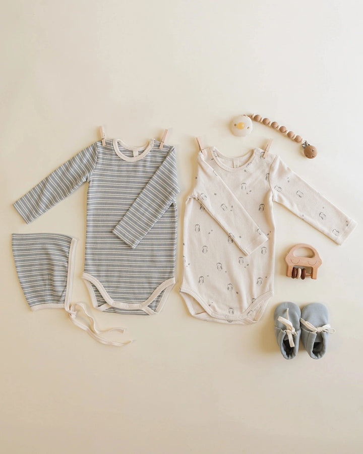 Quincy Mae Baby Ribbed Bodysuit, 2 Pack - Steel Blue Micro Stripe, Owls