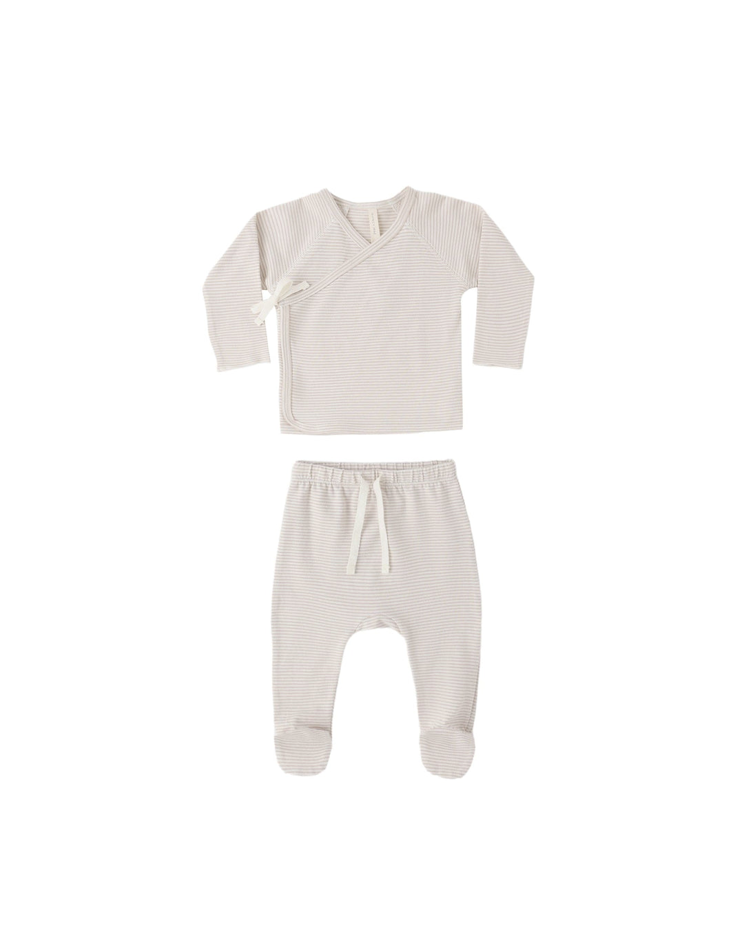 Quincy Mae Baby Wrap Top + Footed Pant Set || Oat Micro Stripe