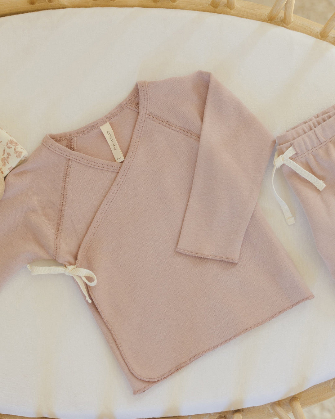 Quincy Mae Baby Wrap Top + Footed Pant Set - Rose