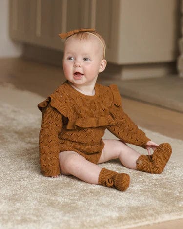 Quincy Mae Jumpsuits & Rompers Long Sleeve Pointelle Ruffle Romper - Cinnamon