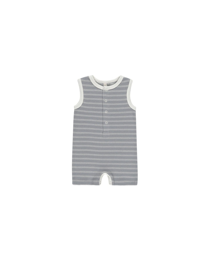 Quincy Mae Jumpsuits & Rompers Ribbed Henley Romper - Blue Pinstripe