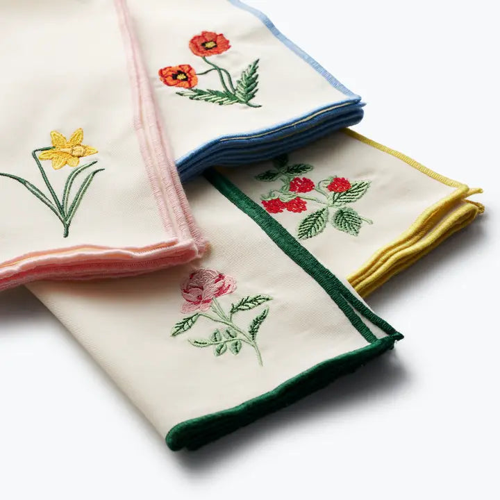 Rifle Paper Co. Home Garden Study Embroidered Cotton Napkins, Assorted Set of 4
