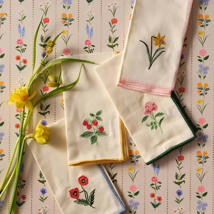 Rifle Paper Co. Home Garden Study Embroidered Cotton Napkins, Assorted Set of 4