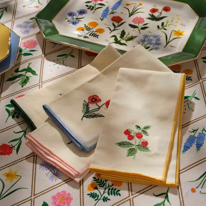 Rifle Paper Co. Home Garden Study Embroidered Cotton Napkins, Assorted Set of 4