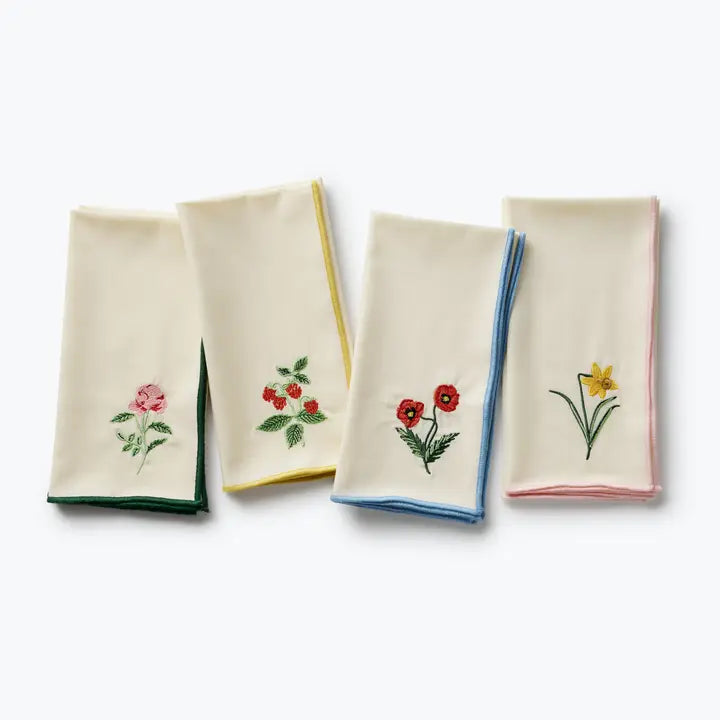Rifle Paper Co. Home Garden Study Embroidered Cotton Napkins, Assorted Set of 4