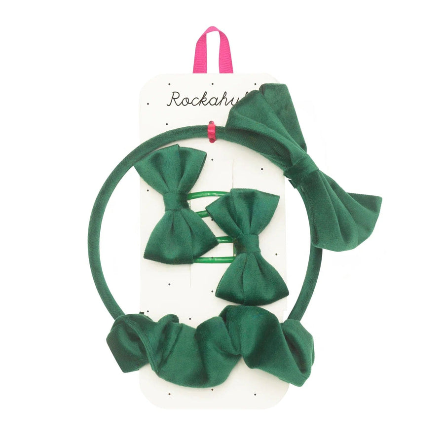 Rockahula Hair Claws & Clips Velvet Bow School Hair Set Green