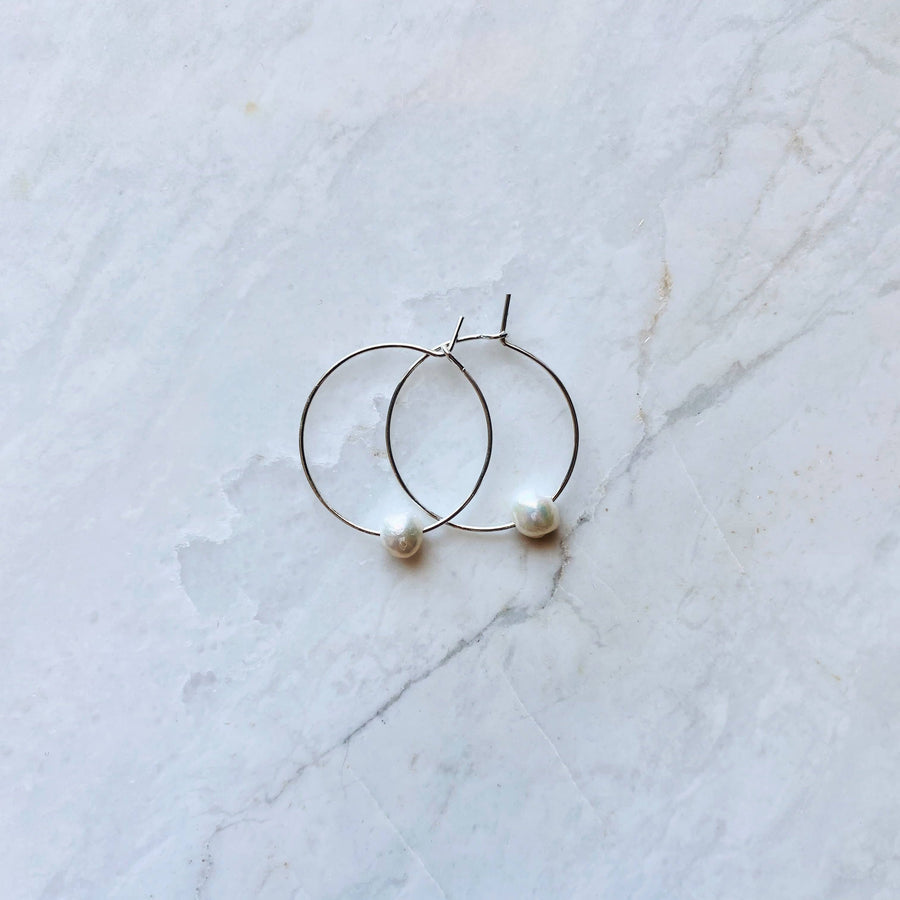 Salt & Pine Jewelry Medium Freshwater Pearl Silver Hoops