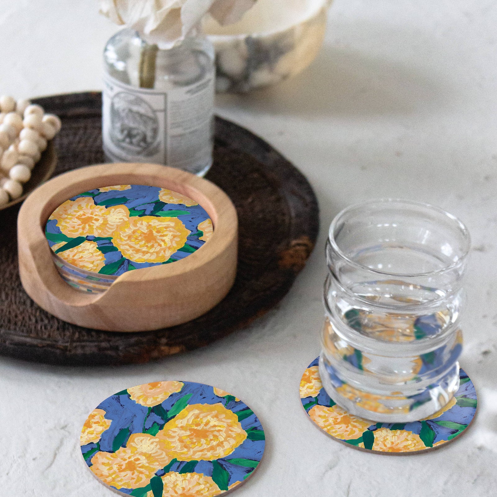 Seedlings Home Bursts of Marigolds Seedlings Coaster