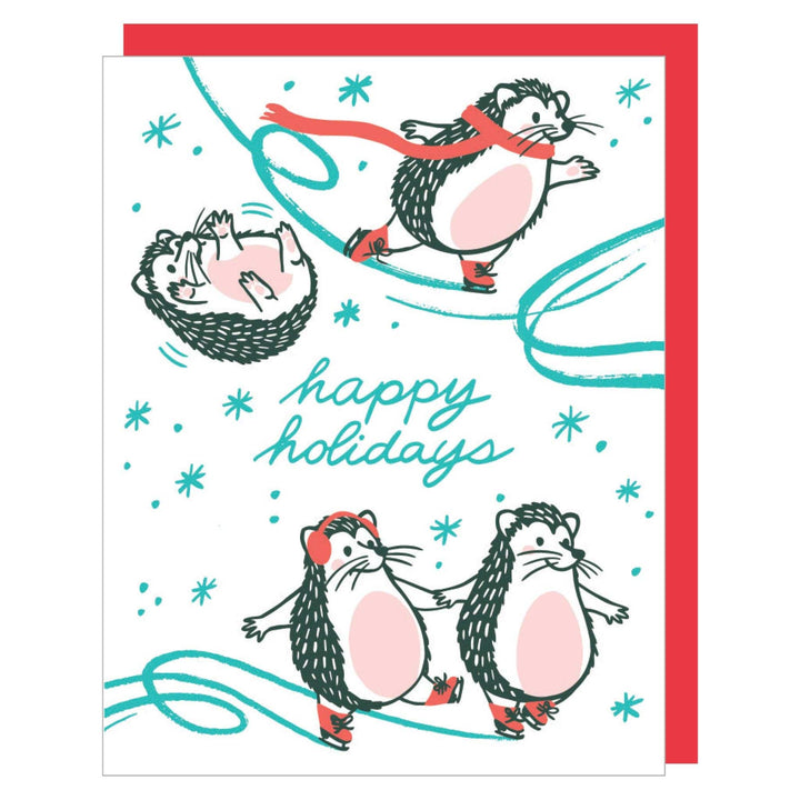 Smudge Ink Cards Skating Hedgehogs Holiday Card