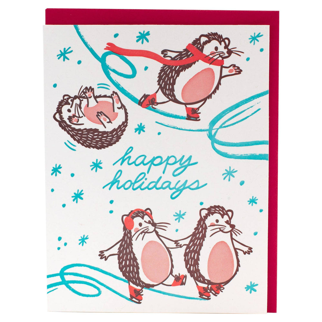 Smudge Ink Cards Skating Hedgehogs Holiday Card
