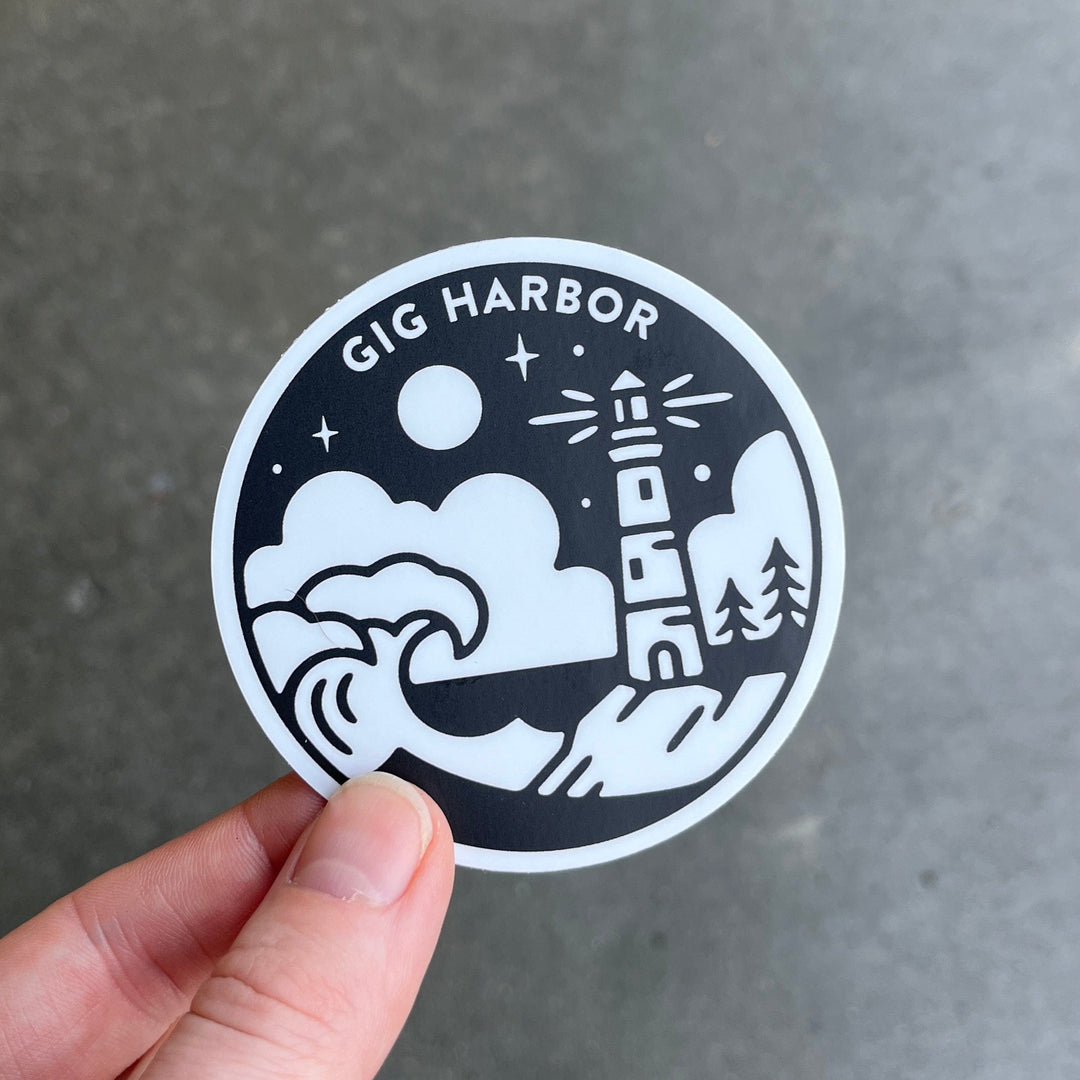 Stickers Northwest Sticker Gig Harbor Black And White Lighthouse Circle Sticker