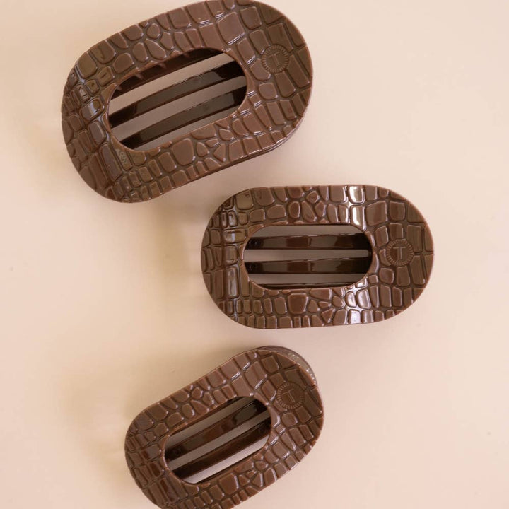 TELETIES Hair Accessories Brown Crocodile Medium Flat Round Hair Clip