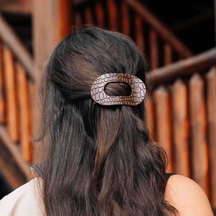 TELETIES Hair Accessories Brown Crocodile Medium Flat Round Hair Clip