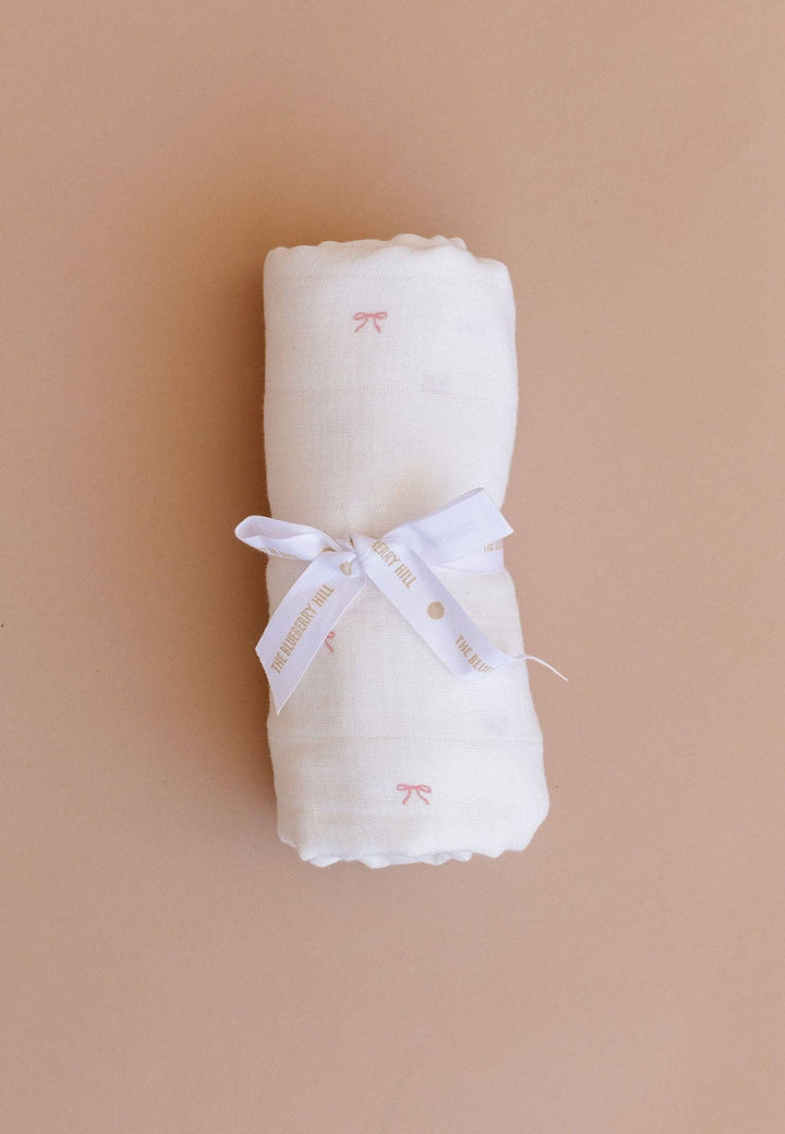 The Blueberry Hill Baby Swaddle Pink Bow Baby Girl Organic Cotton Muslin Blanket